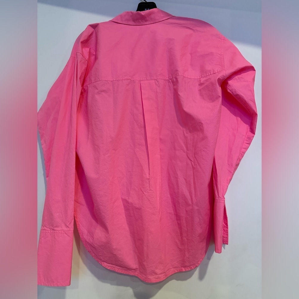 GOOD AMERICAN Coated Poplin Weekend Longsleeve Shirt Relaxed 7/8 Knockout Pink - Picture 3 of 5